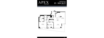 A black and white image of a 2 bedroom apartment floor plan.