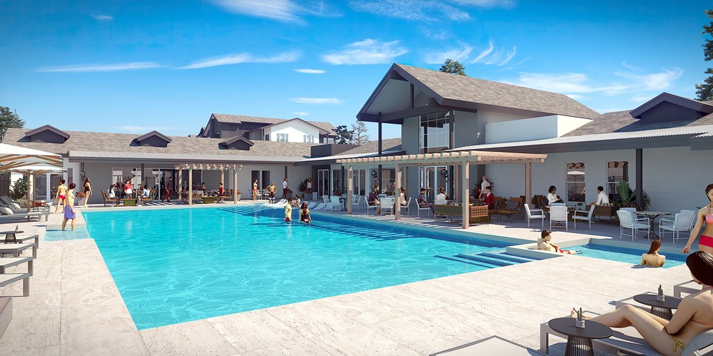 a rendering of the pool area at aria on the avenue apartments