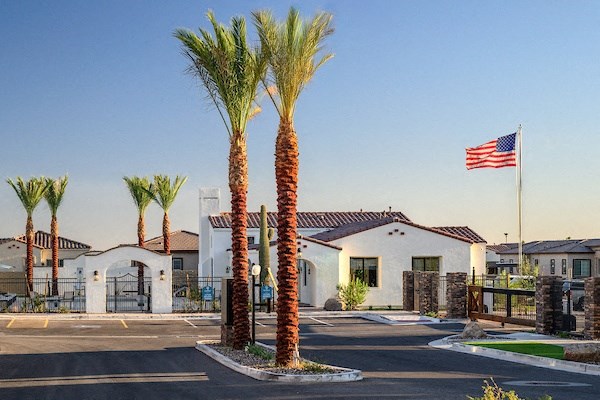 an flag flies in front of a building with palm trees