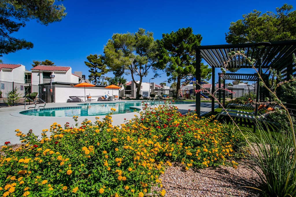 a swimming pool with trees and buildings in the background