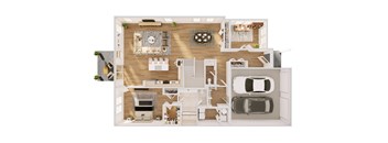 A floor plan of a house with a kitchen, living room, and two bedrooms.