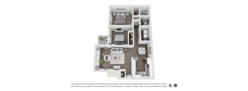 A floor plan of an apartment with a kitchen, living room, and bedrooms.