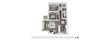 A floor plan of an apartment with a kitchen, living room, and bedrooms.