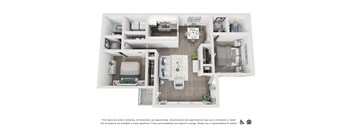 A floor plan of an apartment with a kitchen, living room, bedrooms, and bathrooms.
