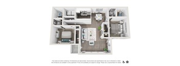 A floor plan of an apartment with a kitchen, living room, and bedrooms.