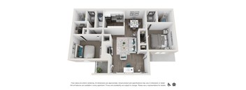 A 3D floor plan of a small apartment with a kitchen, living room, and bedroom.
