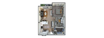 A top down view of a small apartment with a kitchen, living room, and bathroom.