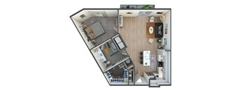 A top-down view of a small apartment with a kitchen, living room, and bedroom.