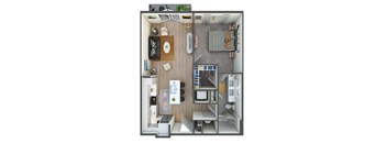 A top down view of a small apartment with a kitchen, living room, and bedroom.