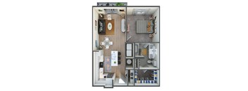 A top down view of a small apartment with a kitchen, living room, and bathroom.