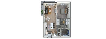 A top down view of a small apartment with a kitchen, living room, and bathroom.
