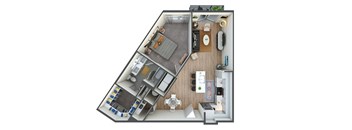A top down view of a small apartment with a kitchen, living room, and bedroom.