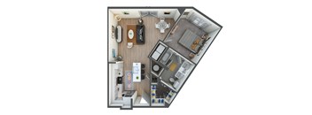 A top down view of a small apartment with a kitchen, living room, and bathroom.