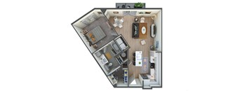 A top down view of a small apartment with a kitchen, living room, and bathroom.