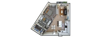 A 3D floor plan of a small apartment with a kitchen, living room, and bathroom.