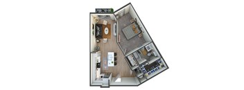 A 3D floor plan of a small apartment with a kitchen, living room, and bathroom.