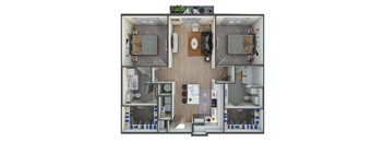 A top down view of a house layout with a living room, kitchen, dining room, and bathrooms.