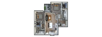 A 3D floor plan of a house with a kitchen, living room, and bedrooms.