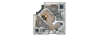 A 3D floor plan of a house with a kitchen, living room, and two bedrooms.