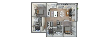A 3D floor plan of a small apartment with a kitchen, living room, and bathroom.