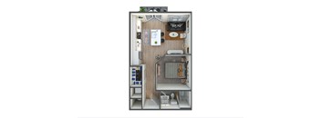 A small room with a bed, desk, and shelves.
