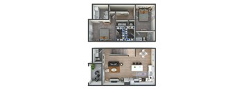 A floor plan of a two-bedroom apartment with a living room, kitchen, and bathroom.