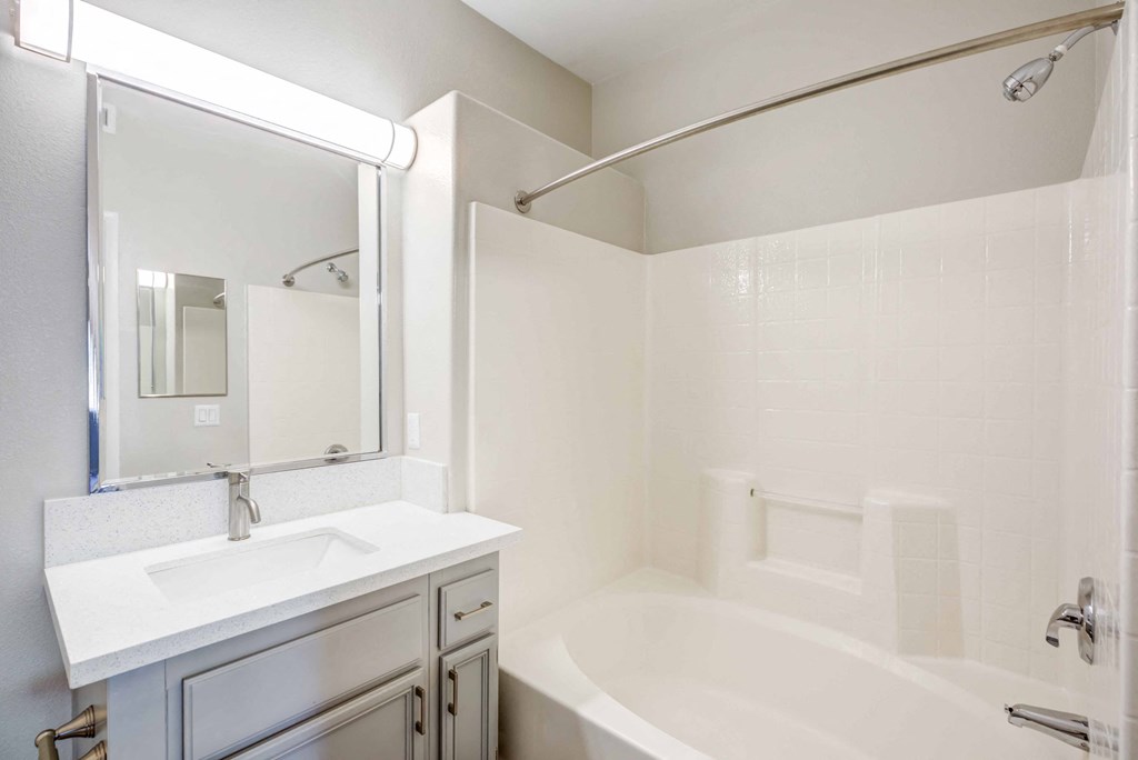 a bathroom with a tub and a sink and a mirror