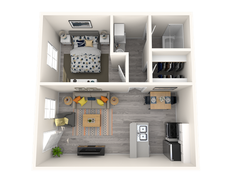 Pet Friendly Apartments in Tempe, AZ – Sono Tempe – 3D Floorplan of our 1 Bed, 1 Bath 659 Sq. Ft. Harris Floorplan