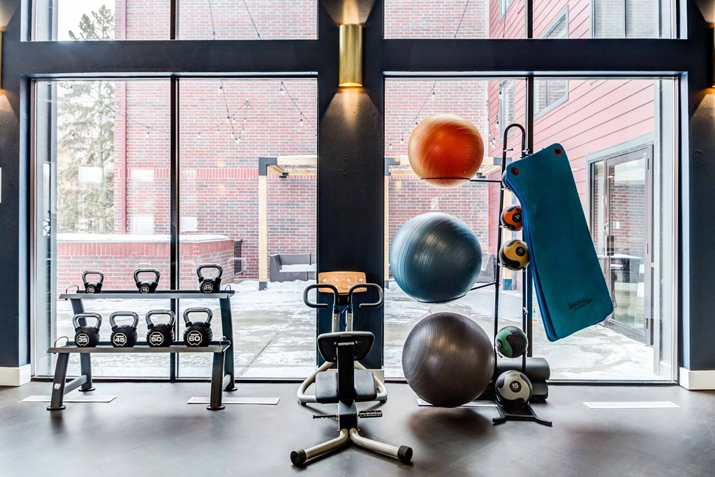 the gym with a variety of weights and balls in front of a window