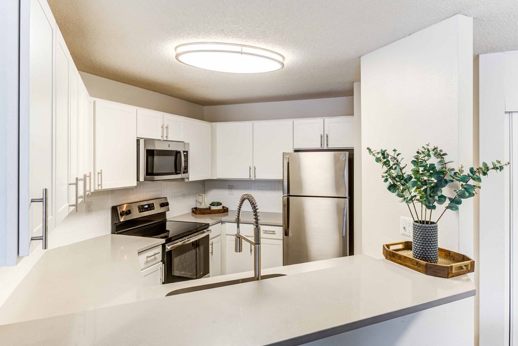 a white kitchen with stainless steel appliances and white cabinets