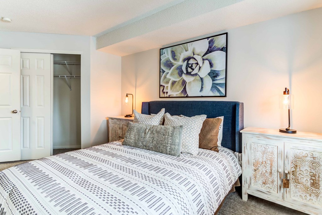 a bedroom with a bed and a closet