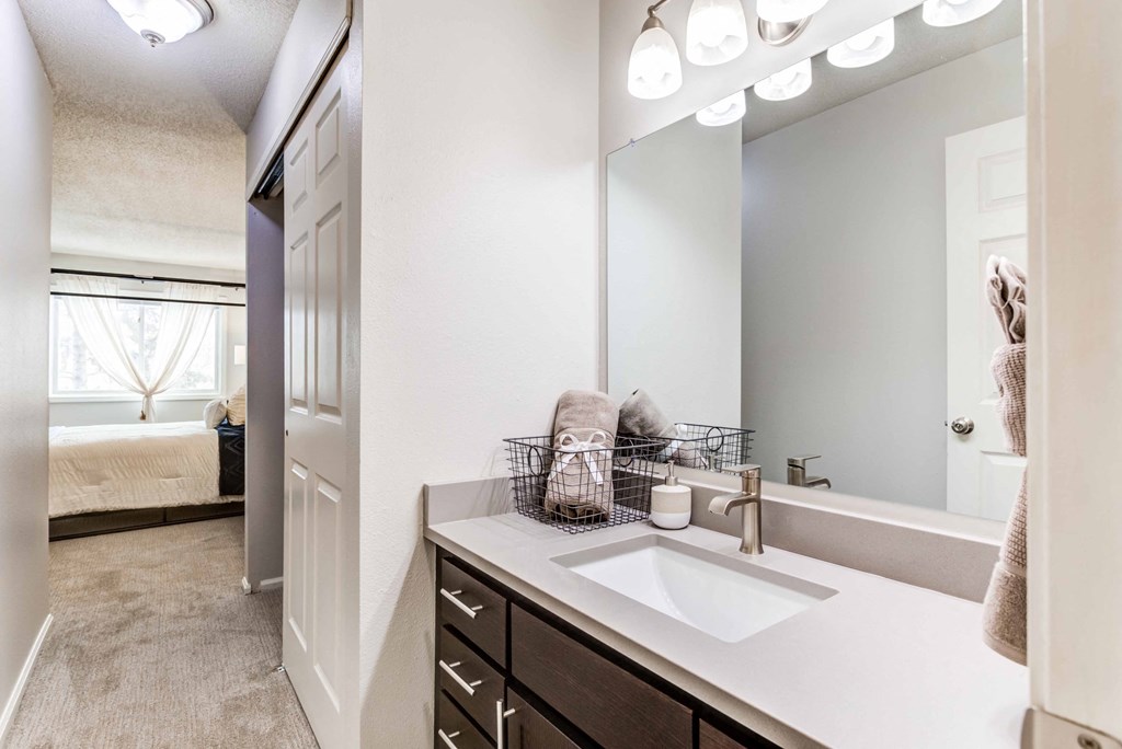 an open bathroom with a sink and a mirror