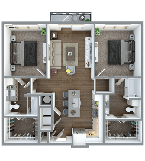 a 3d floor plan of a bedroom with a bathroom and a living room