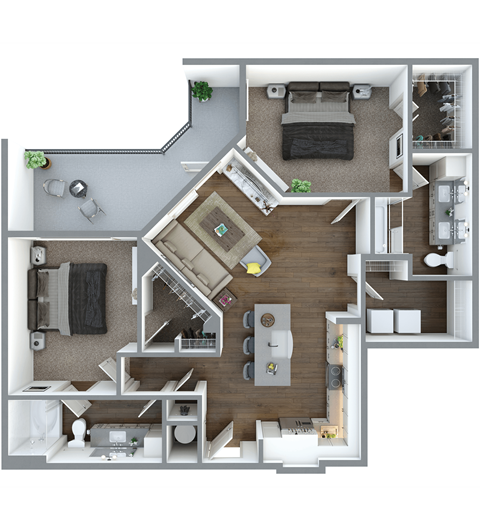 a 3d floor plan of a bedroom with a bathroom and a living room