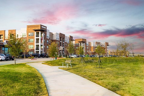 a view of a city park with buildings in the background