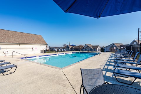 A pool surrounded by chairs and umbrellas.