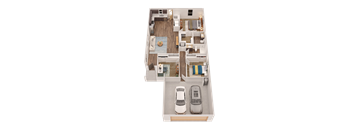 A 3D floor plan of a house with a kitchen, living room, and two bedrooms.