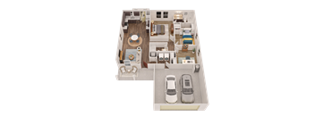 A 3D floor plan of a house with a living room, dining room, kitchen, and two bedrooms.