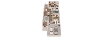 A 3D floor plan of a house with a kitchen, living room, and two bedrooms.