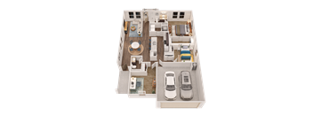 A 3D floor plan of a house with two bedrooms, a living room, a kitchen, a dining room, and two garages.