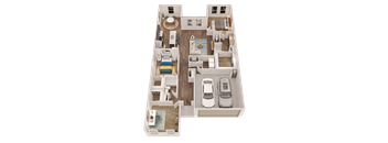 A 3D floor plan of a house with two bedrooms, a living room, a kitchen, a dining room, and a garage.
