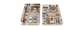 Two images of a house layout with a kitchen, living room, and bedrooms.