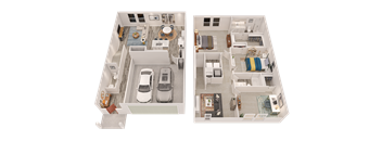 A top down view of a house with two cars parked in the driveway.