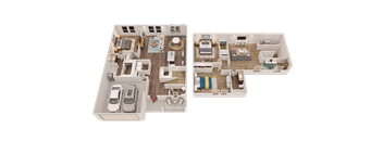 A 3D floor plan of a two-bedroom apartment with a garage.