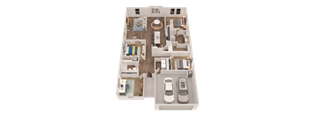 A floor plan of a house with a garage and a swimming pool.