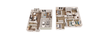 Two floor plans of a house with a kitchen, living room, and bedrooms.