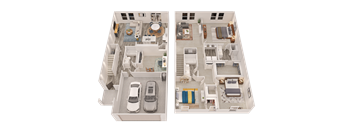 A cutaway diagram of a house showing the interior layout of two floors.