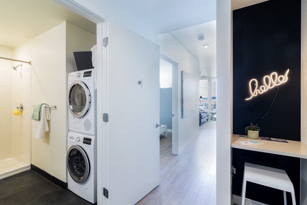 Portland Apartments For Rent - The Muse - Washer-And-Dryer Next To A Built-In Desk