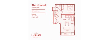 A floor plan of a one bedroom condo named The Howard.