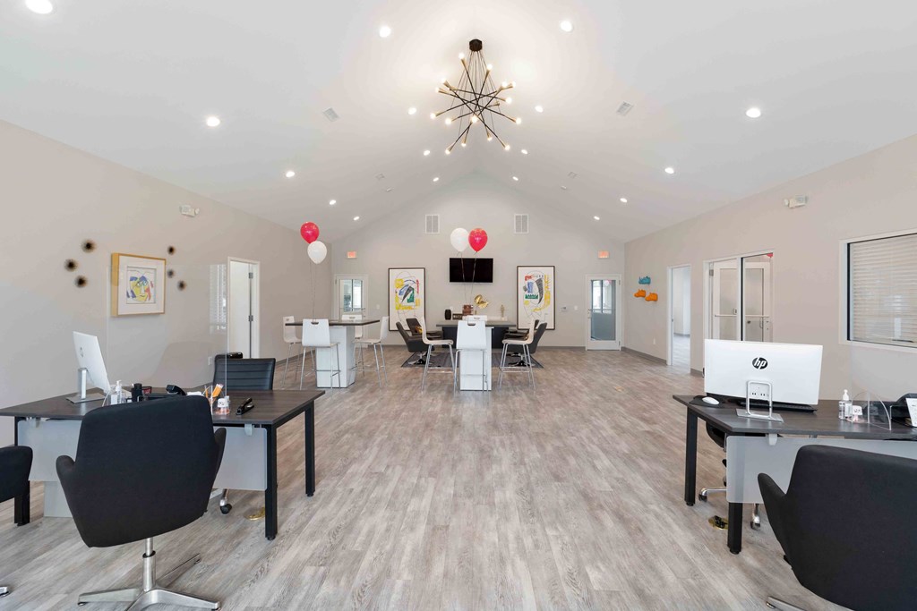 Leasing office exterior at Hunters Pointe apartments in Charlotte, NC 28213, near UNC Charlotte.